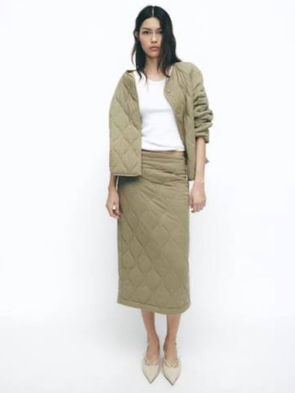 Zara ZW Colection Women Dusty Khaki Quilted Midi Skirt Size S NWT